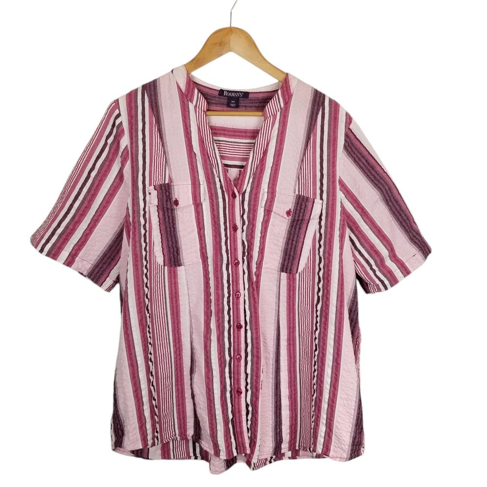 Roaman's Women's Seersucker 100% Cotton Short Sleeve Striped Shirt Pink Size 20W